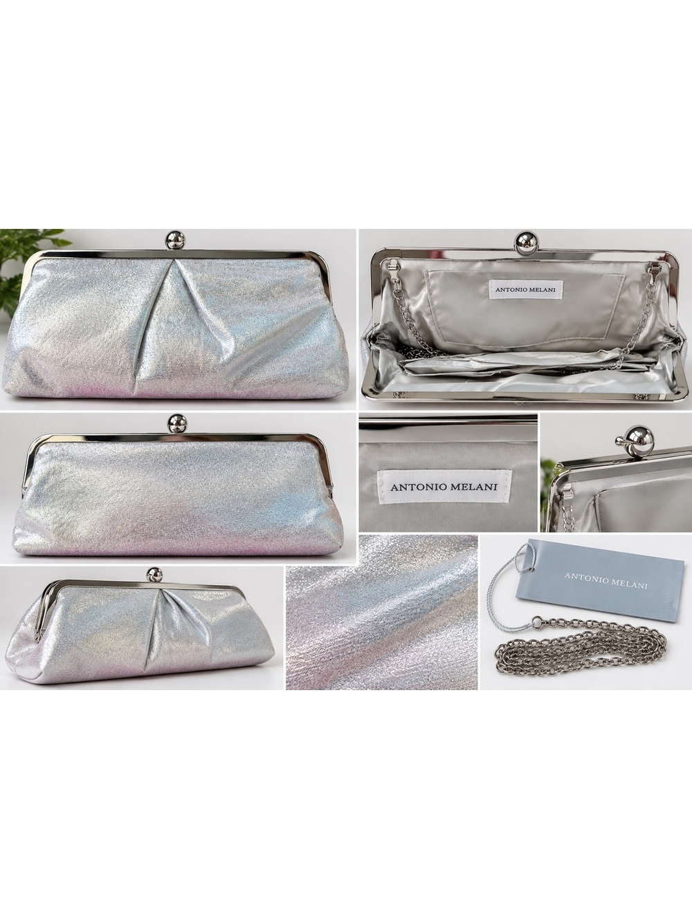 Antonio Melani Silver Metallic Evening Clutch Purse NWT Chain Strap